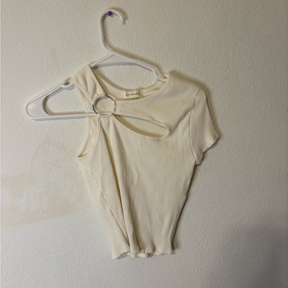 Stylish white  Ribbed Top with Ring Detail
